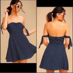 LULU Twirl Me Around Navy Blue Print Off-the-Shoulder Skater Dress